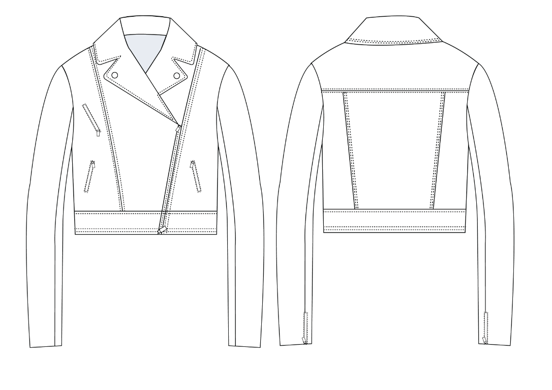 Front and back technical fashion sketch of a fitted moto jacket