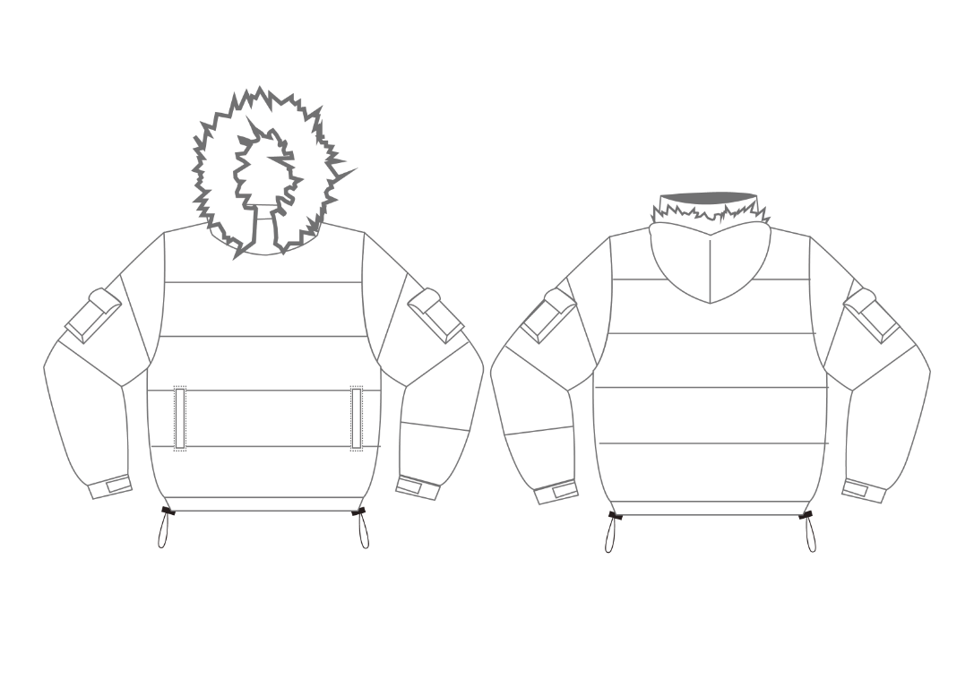 Front and back technical fashion sketch of a fur-trimmed hooded parka