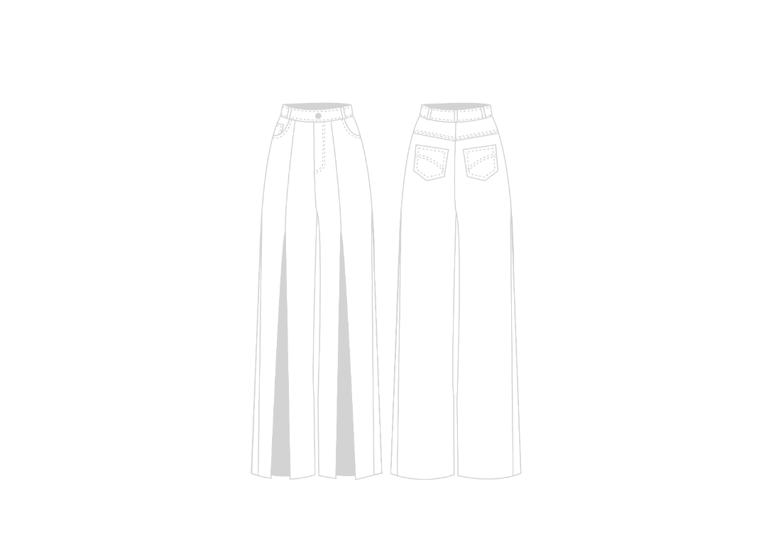 Front and back technical fashion sketch of wide-leg trousers